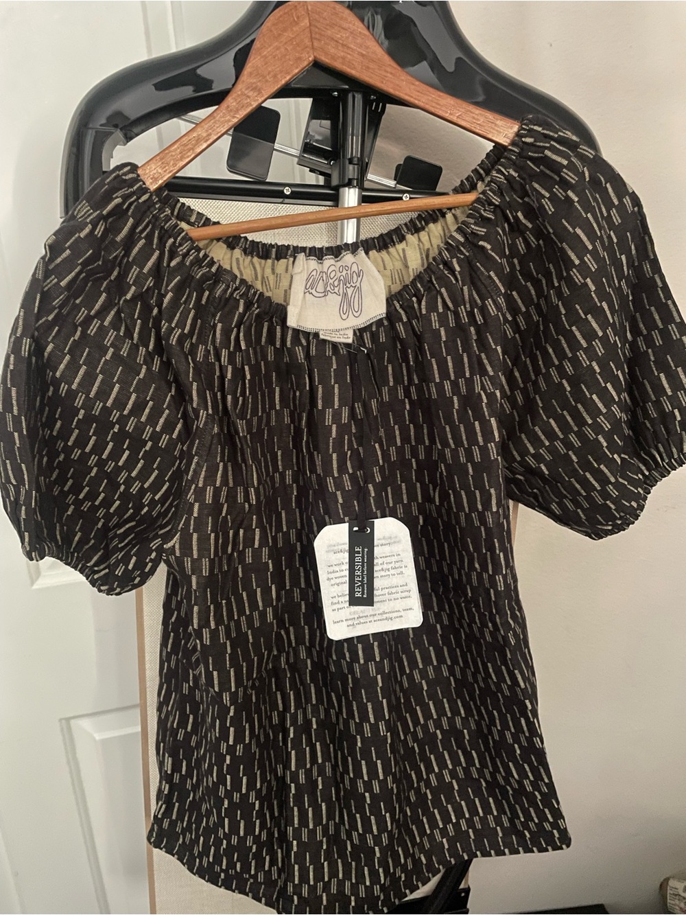 Ace &Jig Black Puff-Sleeve Reversible Matchstick Gelato Cotton SlowFashion Woven